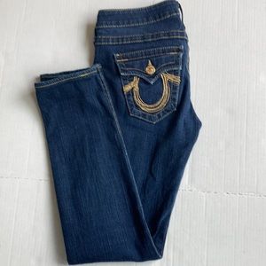 True Religion gold horseshoe stitching button back pocket dark wash jeans